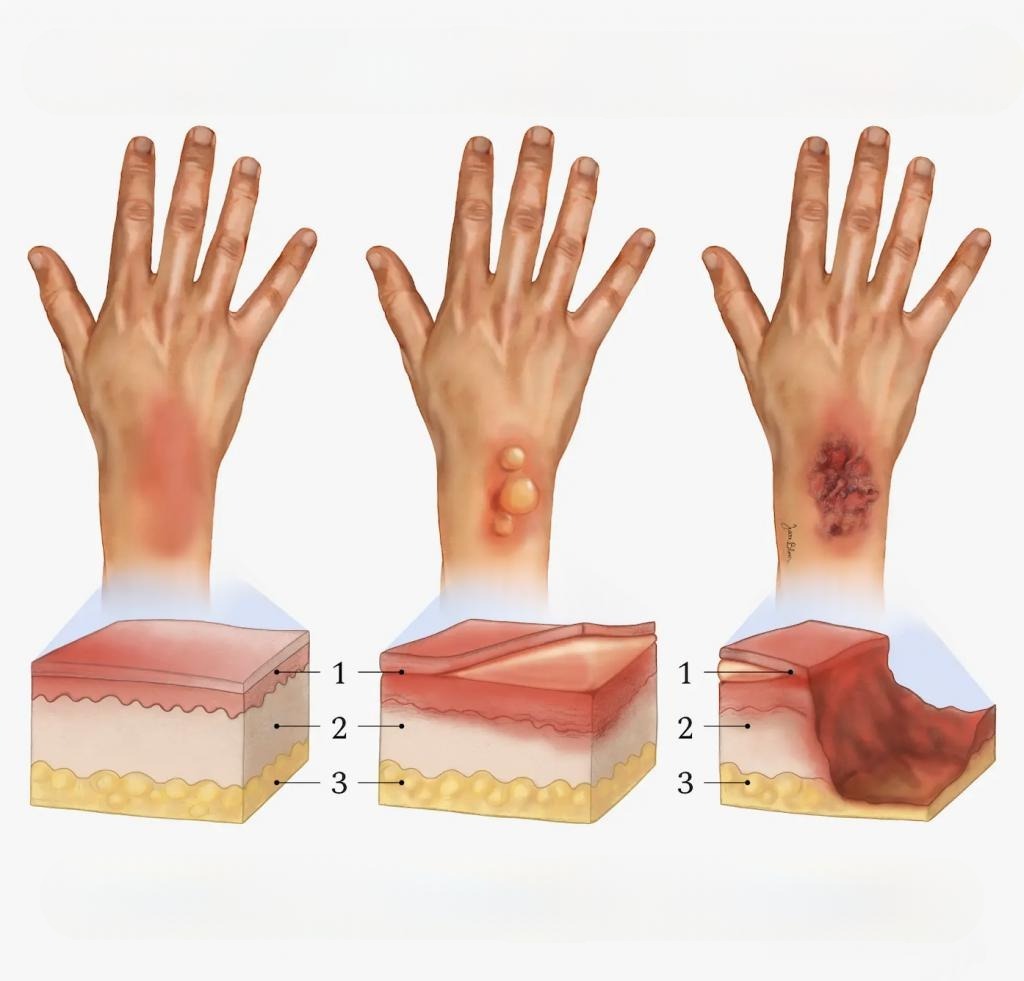 Як виглядають опіки 1, 2 і 3 ступенів
